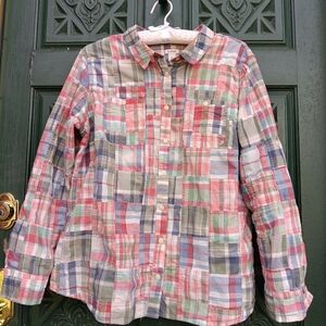 L.L. Bean Women's Patchwork Plaid Button-Down Shirt in Coral, Blue, Green